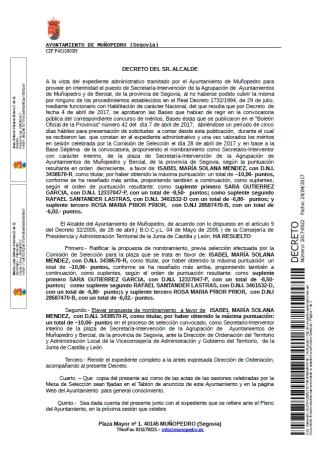 Imagen Decreto de ratificación propuesta de nombramiento realizada por la Comisión de Selección para la plaza de Secretaría-Intervención